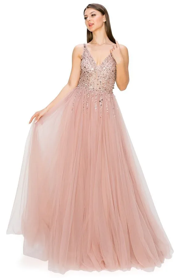 Dusty-Rose Sequins Lace Tulle A-line Gown by Cinderella Couture USA AS8034J - Special Occasion/Curves