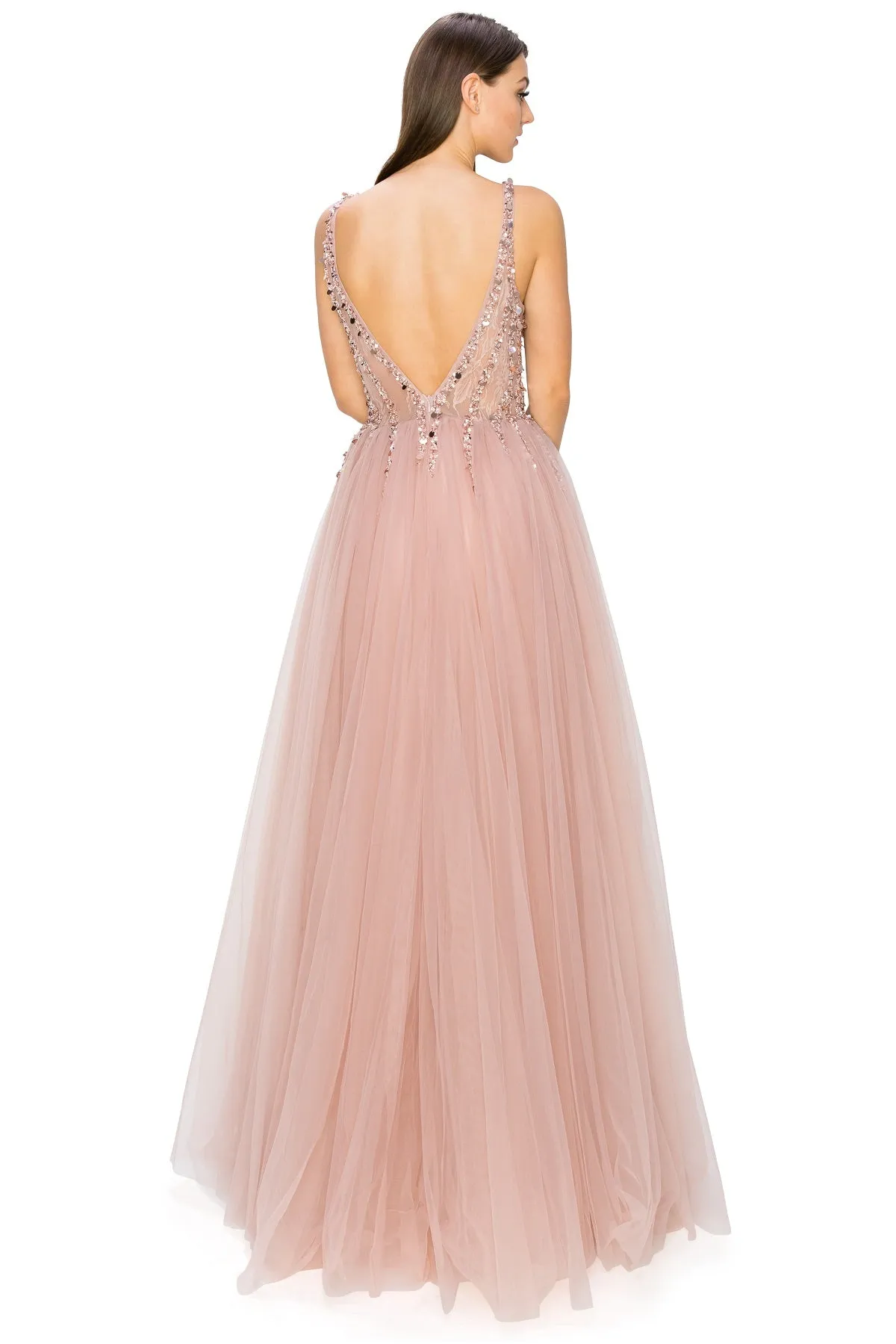 Dusty-Rose Sequins Lace Tulle A-line Gown by Cinderella Couture USA AS8034J - Special Occasion/Curves