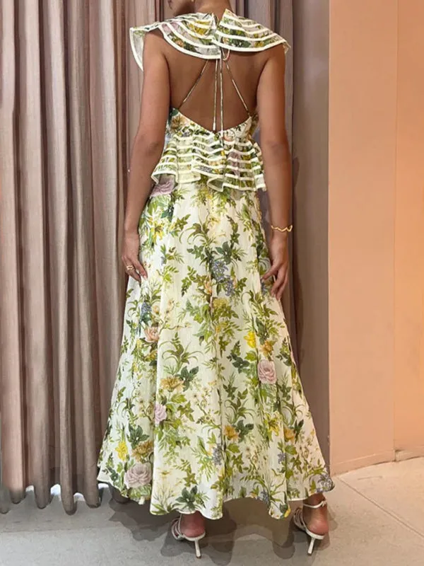 Elegant Floral Flounce Backless Maxi Dress