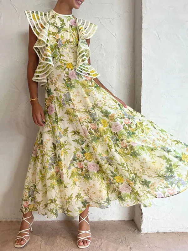 Elegant Floral Flounce Backless Maxi Dress