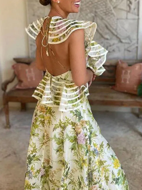 Elegant Floral Flounce Backless Maxi Dress