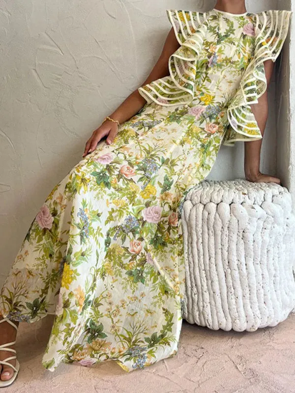 Elegant Floral Flounce Backless Maxi Dress