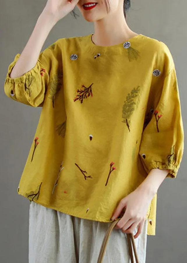 Elegant Pink O-Neck Embroideried Summer Linen Blouses