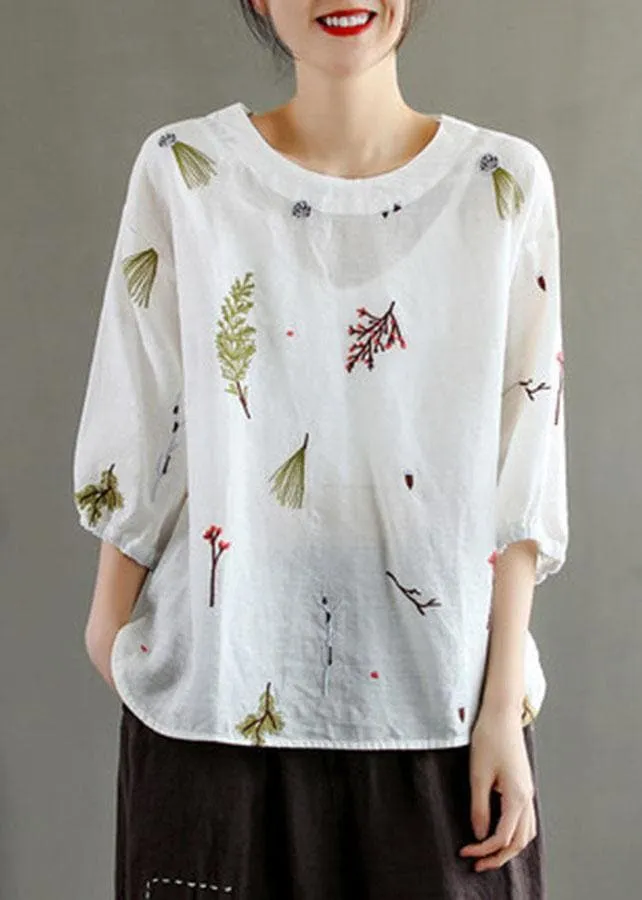 Elegant Pink O-Neck Embroideried Summer Linen Blouses