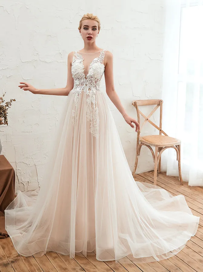 Garden Wedding Dresses,Illusion Tulle Bridal Dress,WD00482