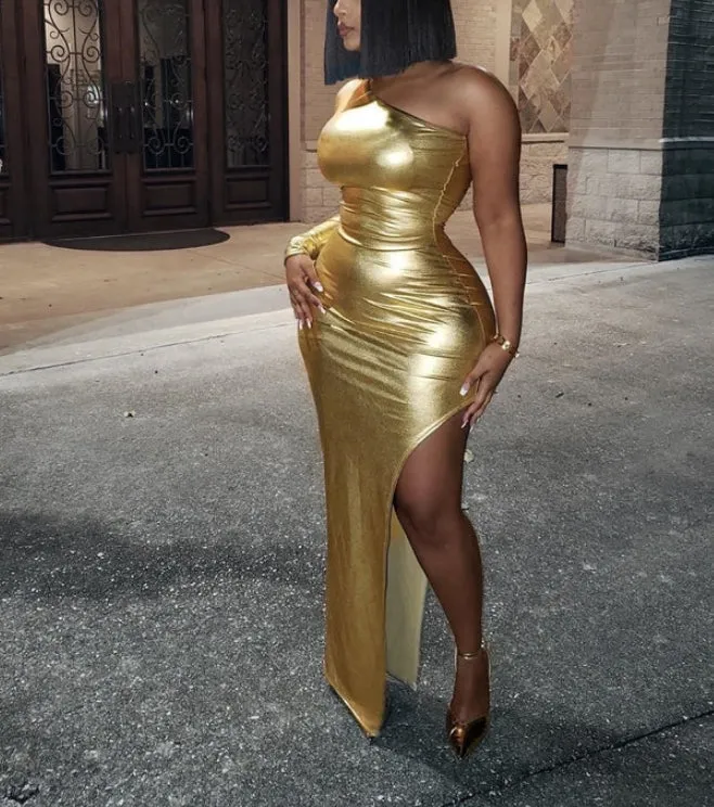 Gold One Shoulder Tight Slit Party Cocktail Maxi Dresses Charming Evening Dress Wholesale