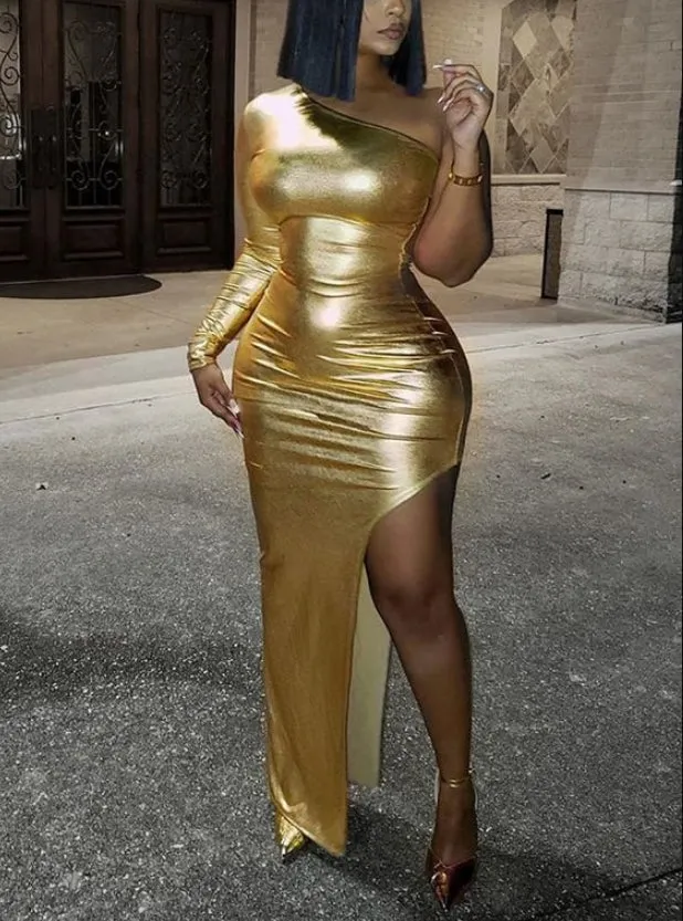 Gold One Shoulder Tight Slit Party Cocktail Maxi Dresses Charming Evening Dress Wholesale