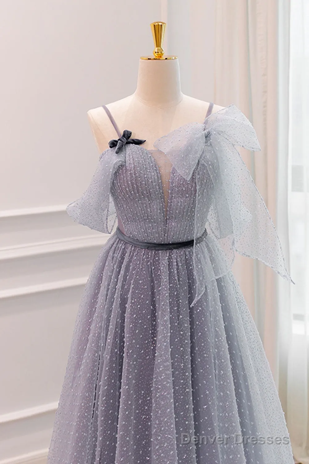 Gray A-Line Tulle Long Prom Dresses, Gray Formal Evening Dresses