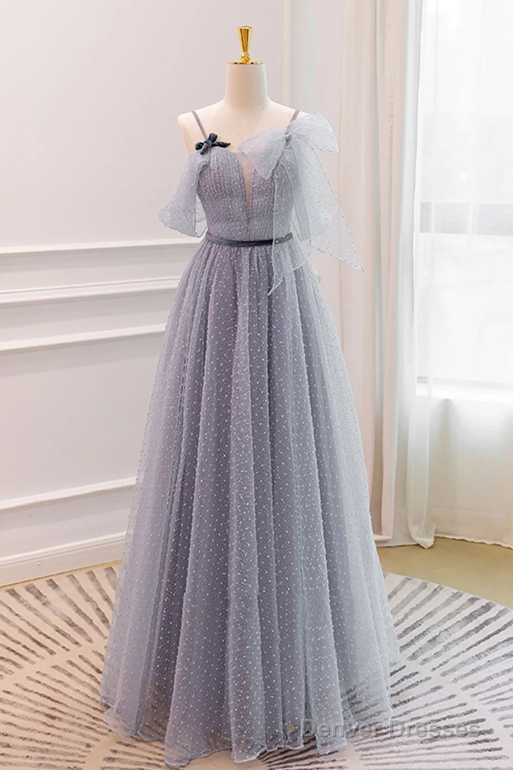 Gray A-Line Tulle Long Prom Dresses, Gray Formal Evening Dresses