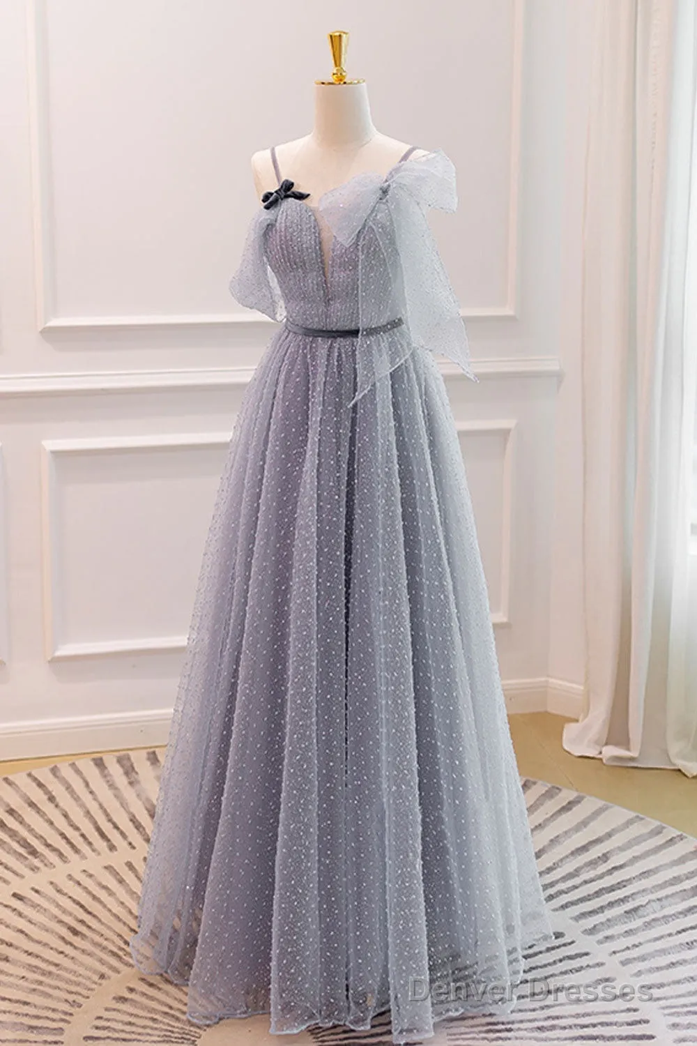 Gray A-Line Tulle Long Prom Dresses, Gray Formal Evening Dresses