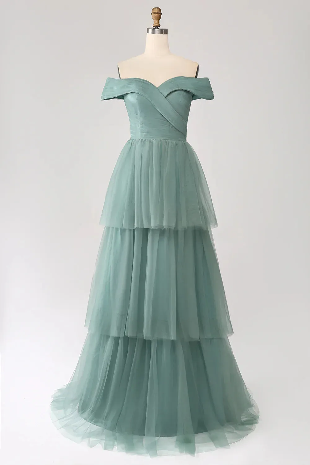 Grey Green A-Line Prom Dresses Off The Shoulder Pleated Tiered Maxi Dress