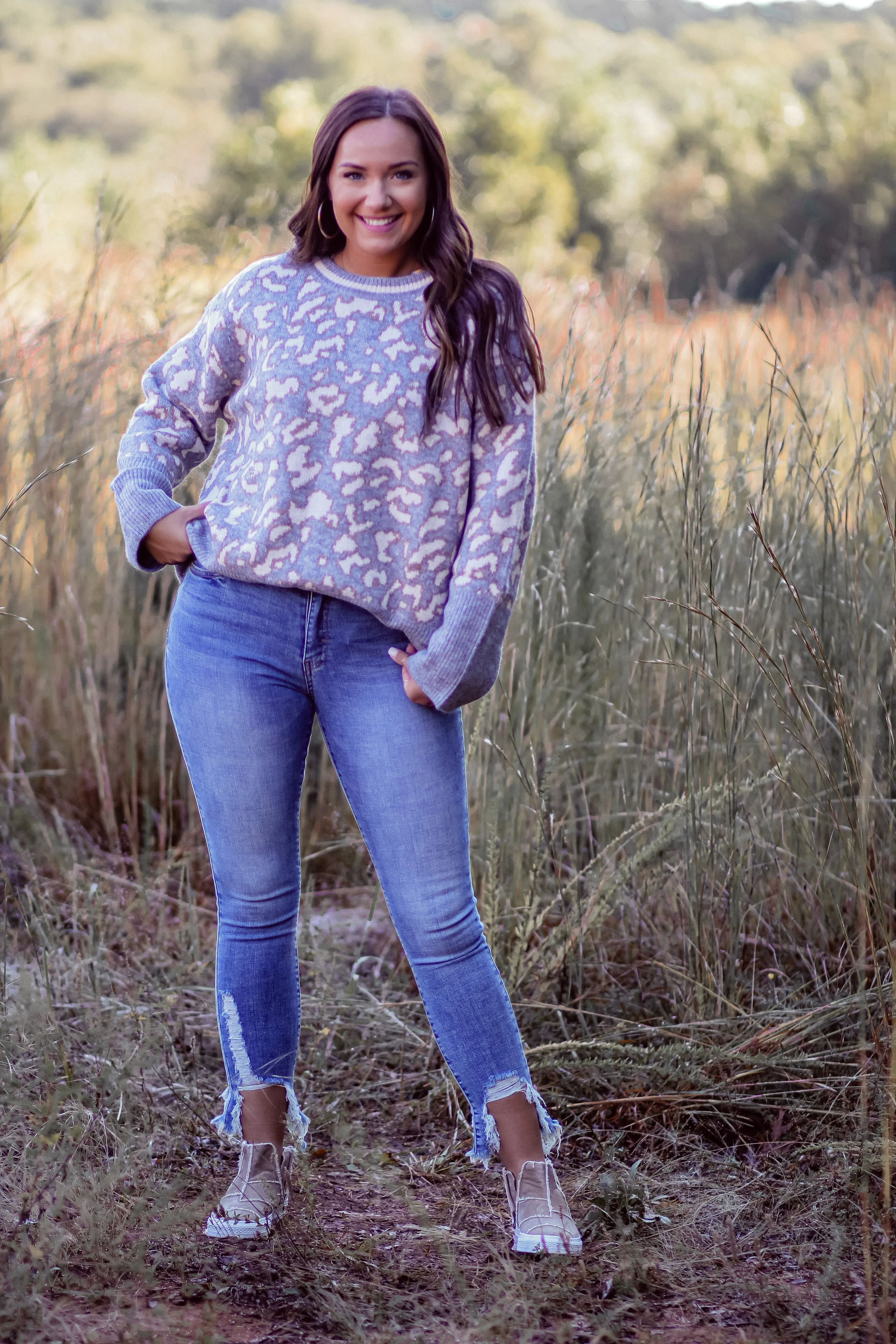 Grey Leopard Ribbed Hem Sweater