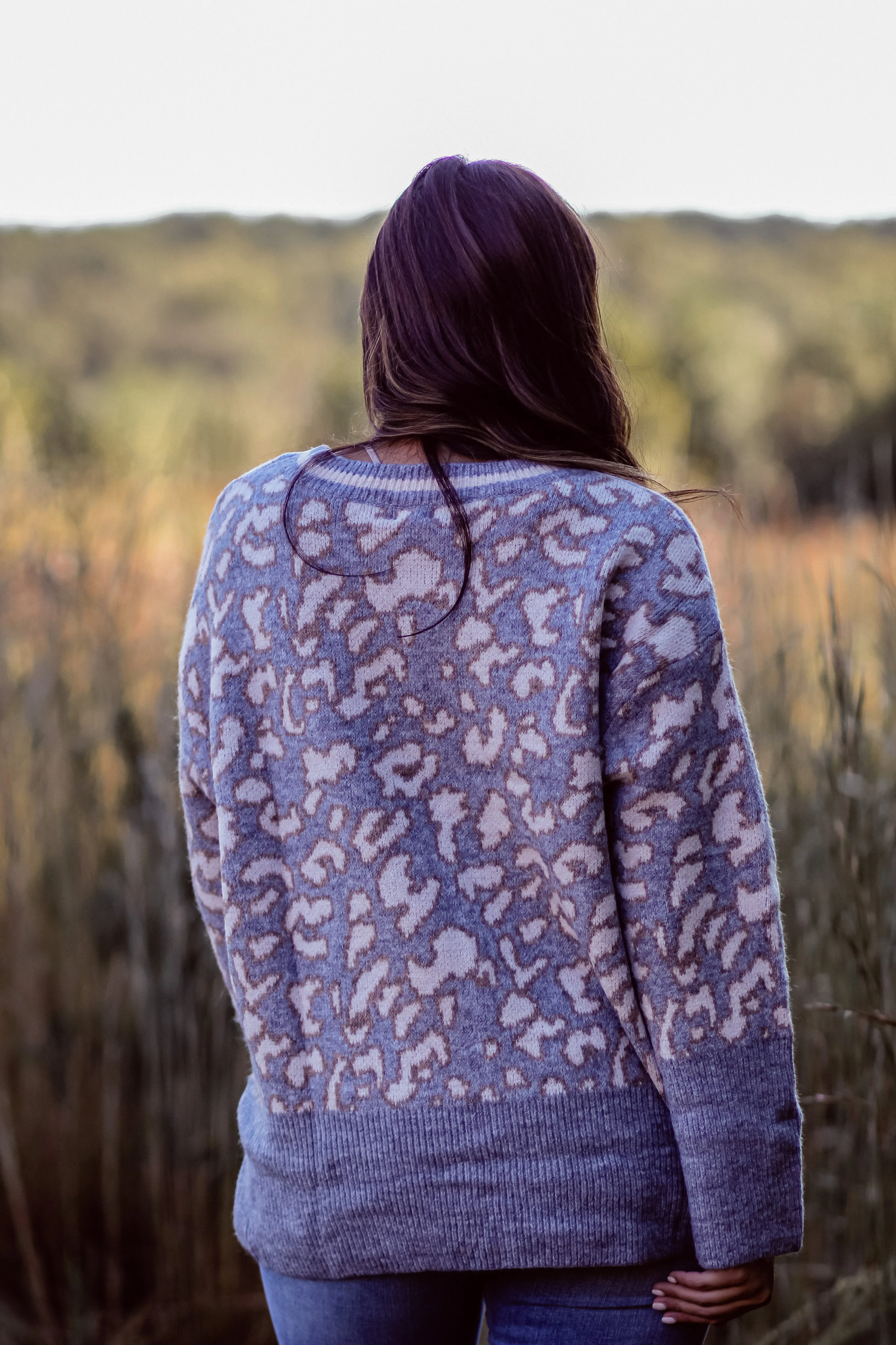Grey Leopard Ribbed Hem Sweater