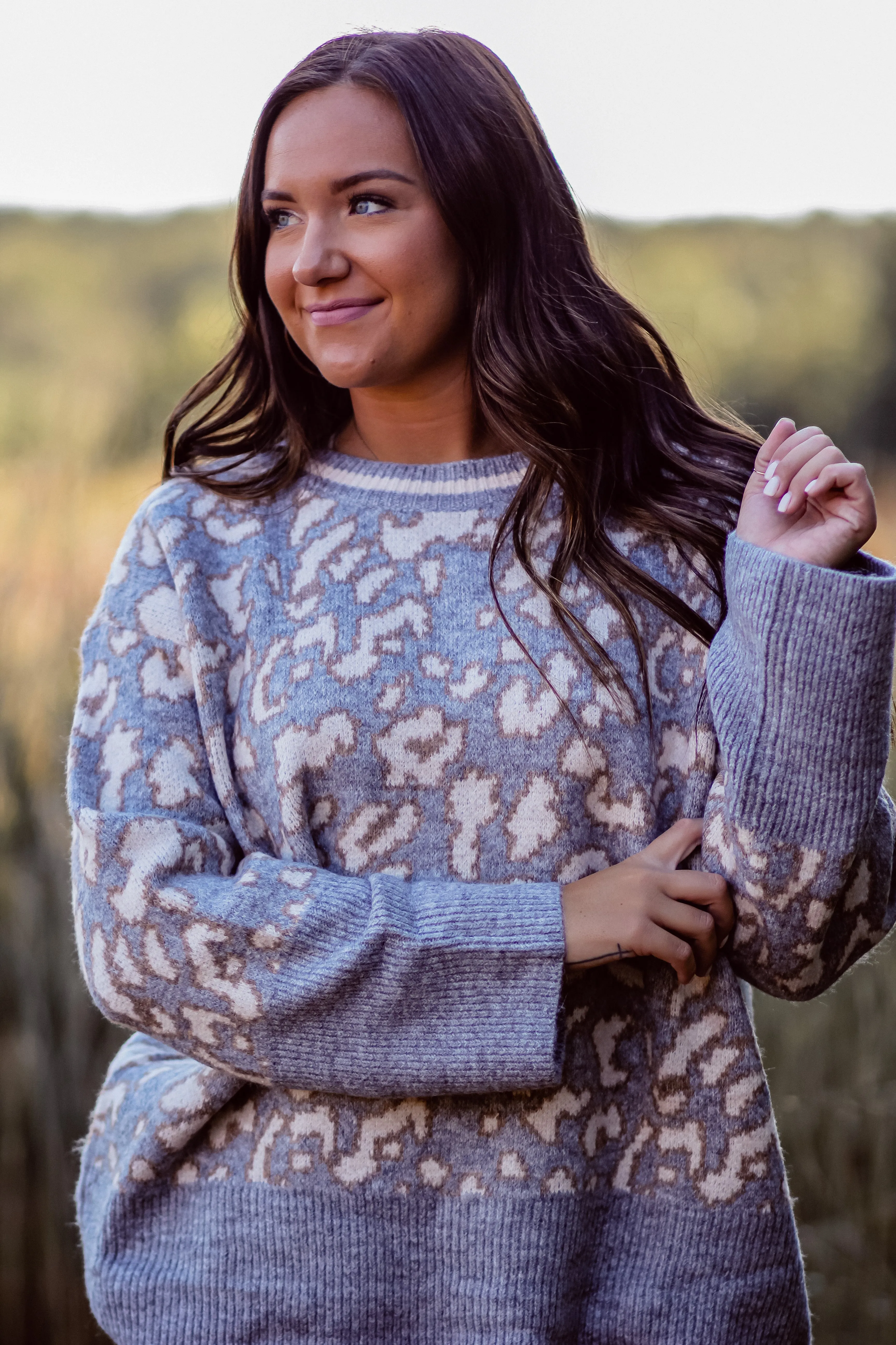 Grey Leopard Ribbed Hem Sweater