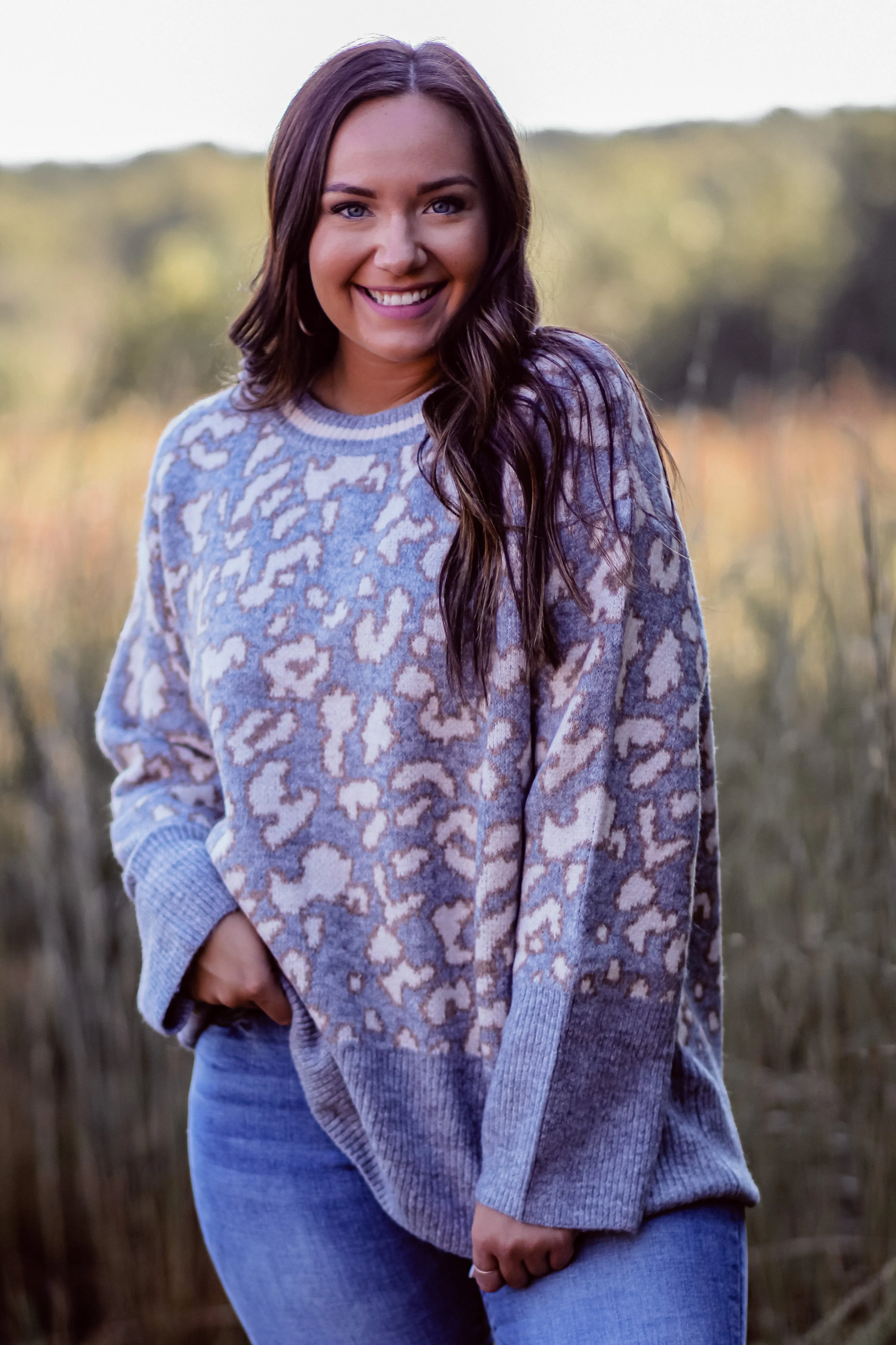 Grey Leopard Ribbed Hem Sweater