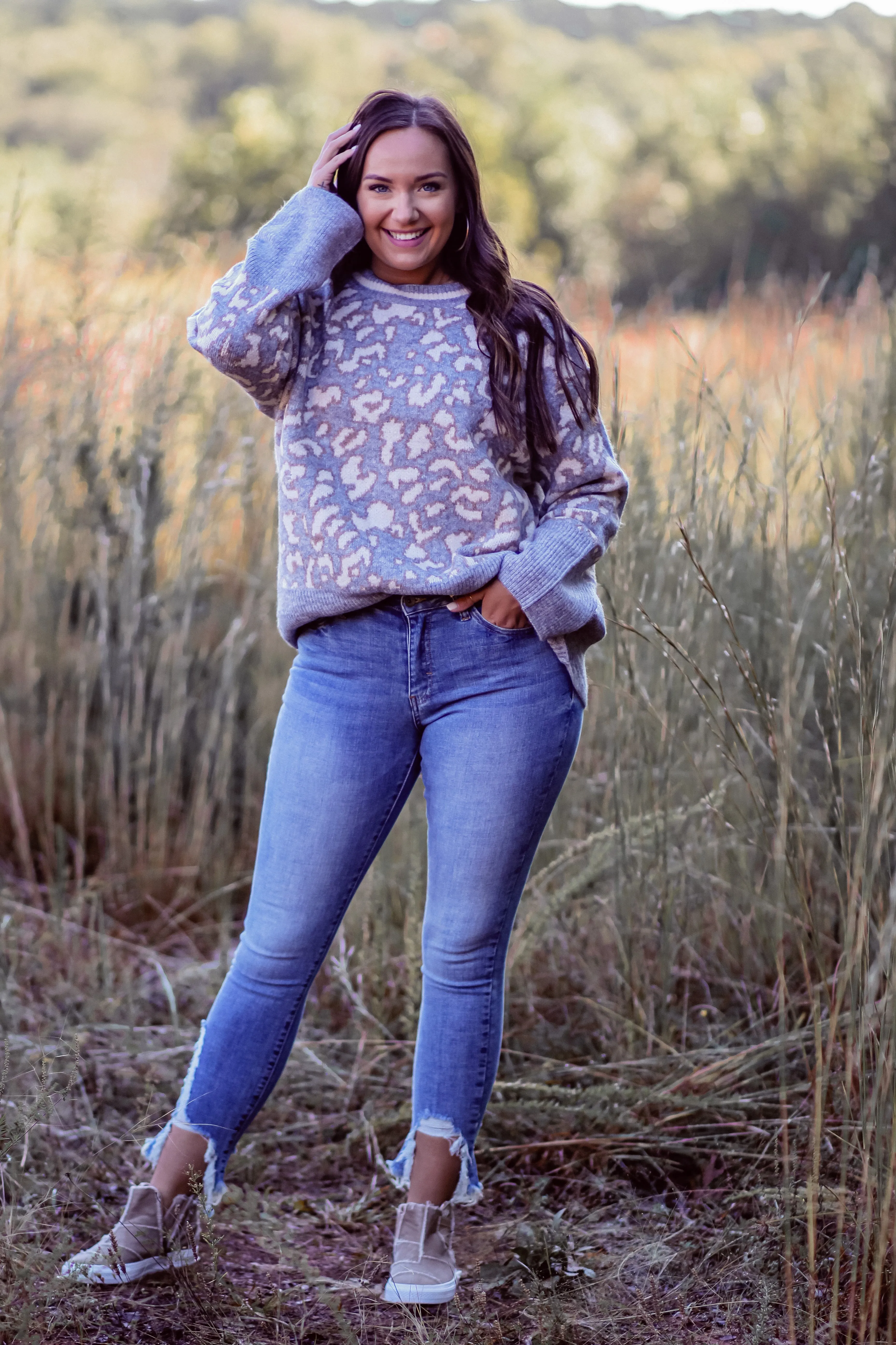 Grey Leopard Ribbed Hem Sweater