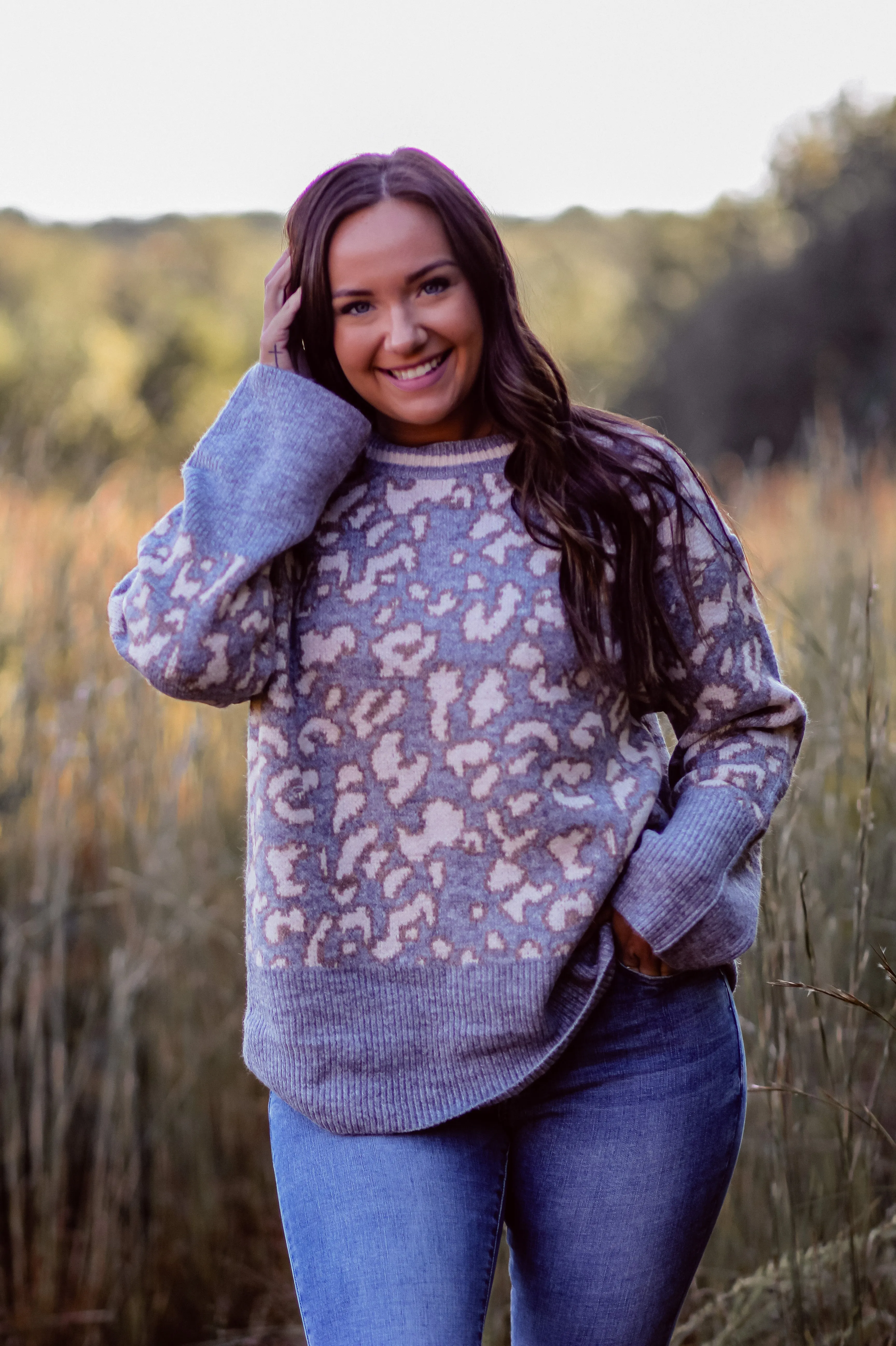 Grey Leopard Ribbed Hem Sweater