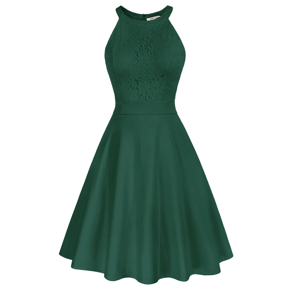 Lace Overlay Dress Cut-out Shoulder Crew Neck Defined Waist Dress