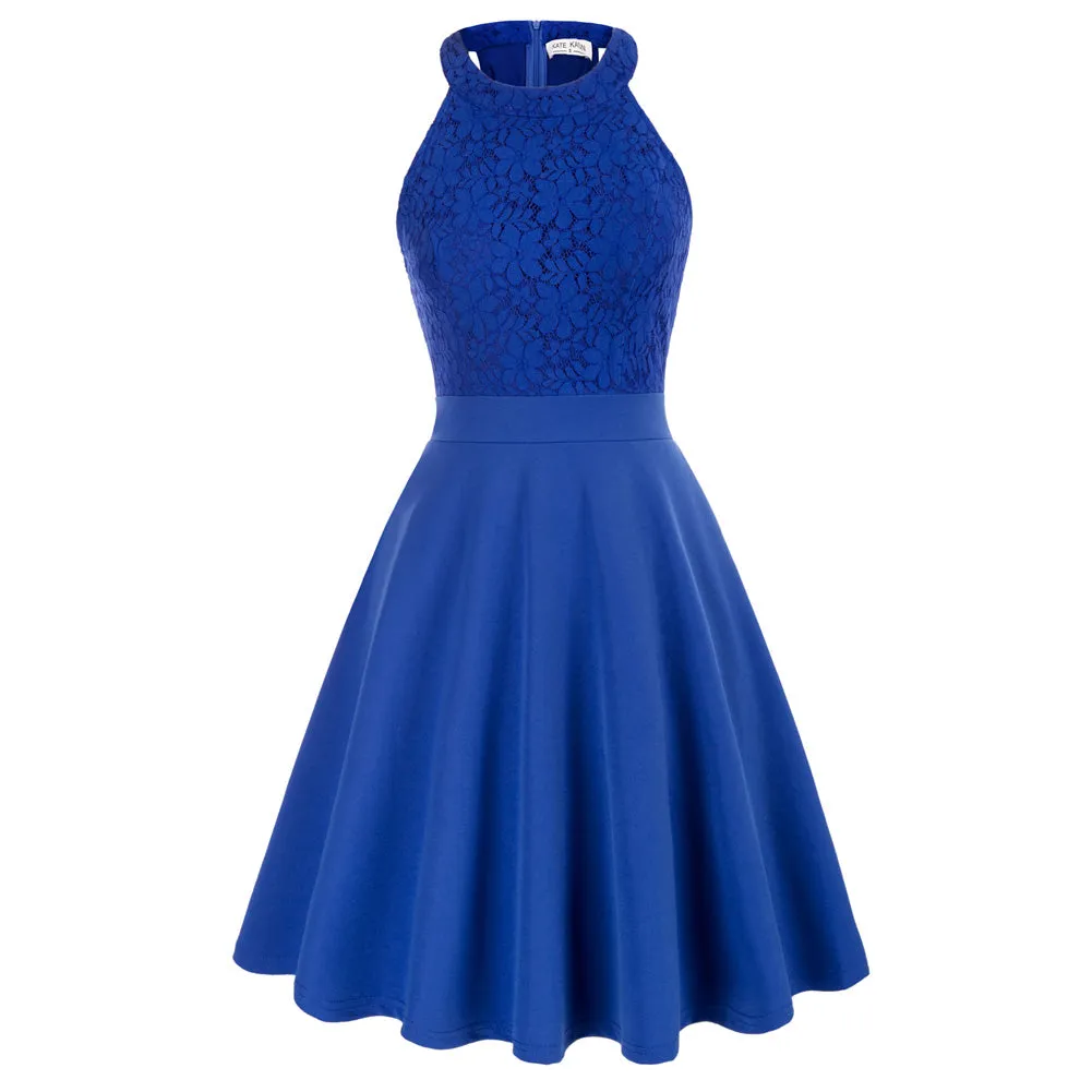 Lace Overlay Dress Cut-out Shoulder Crew Neck Defined Waist Dress
