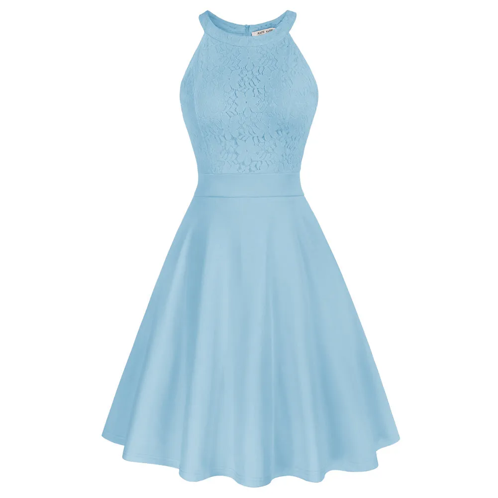 Lace Overlay Dress Cut-out Shoulder Crew Neck Defined Waist Dress