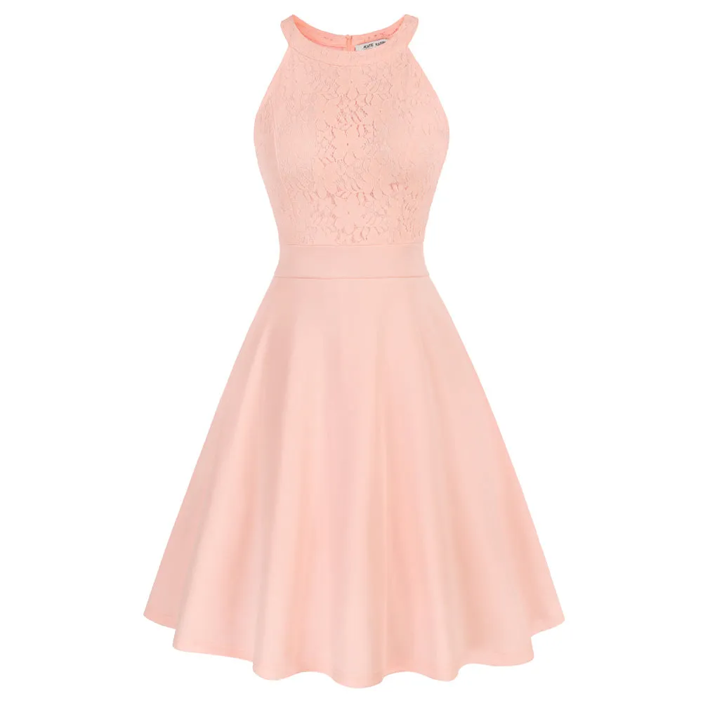 Lace Overlay Dress Cut-out Shoulder Crew Neck Defined Waist Dress