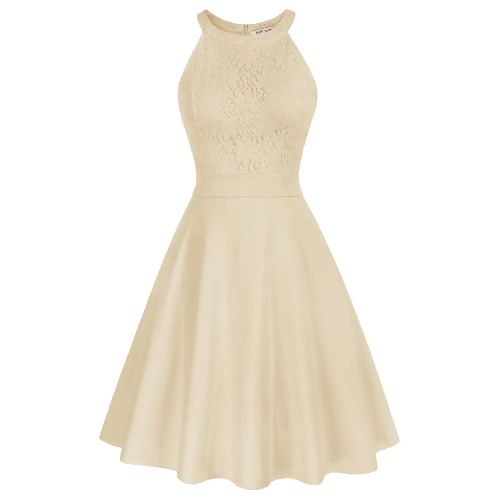 Lace Overlay Dress Cut-out Shoulder Crew Neck Defined Waist Dress