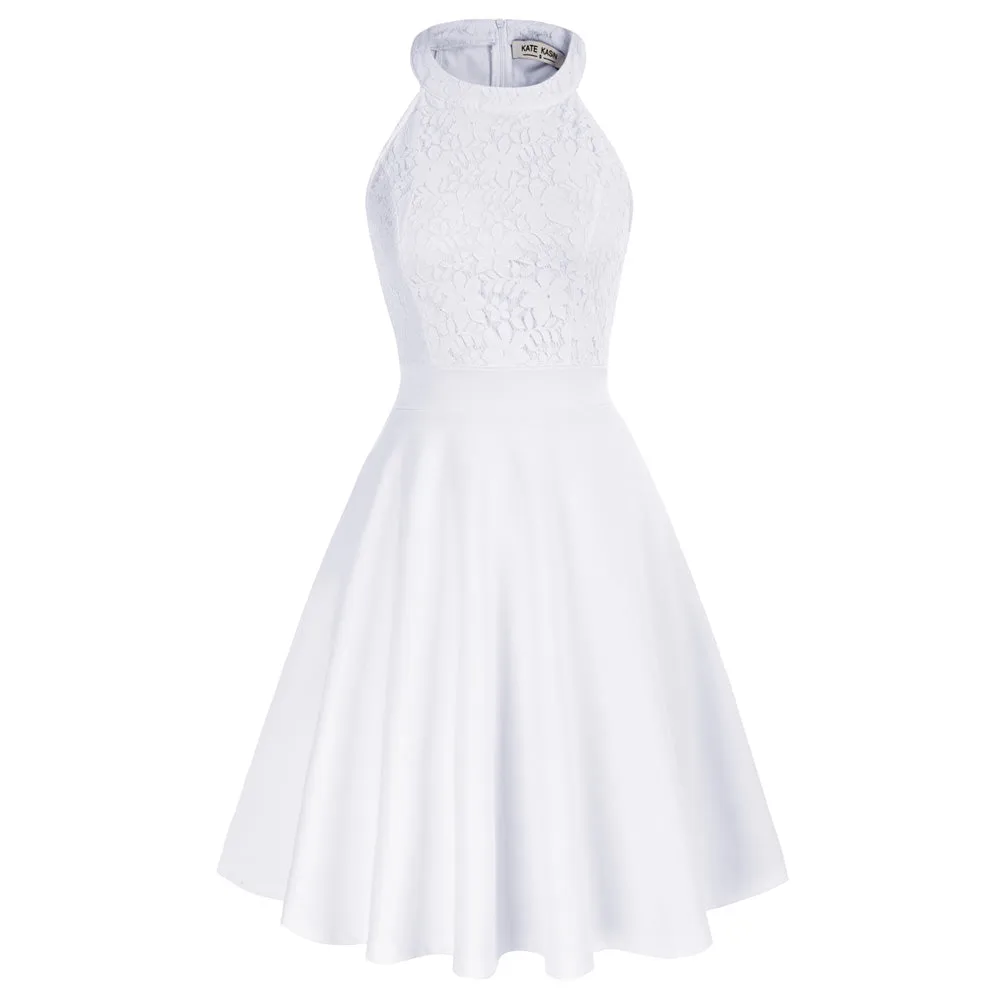 Lace Overlay Dress Cut-out Shoulder Crew Neck Defined Waist Dress