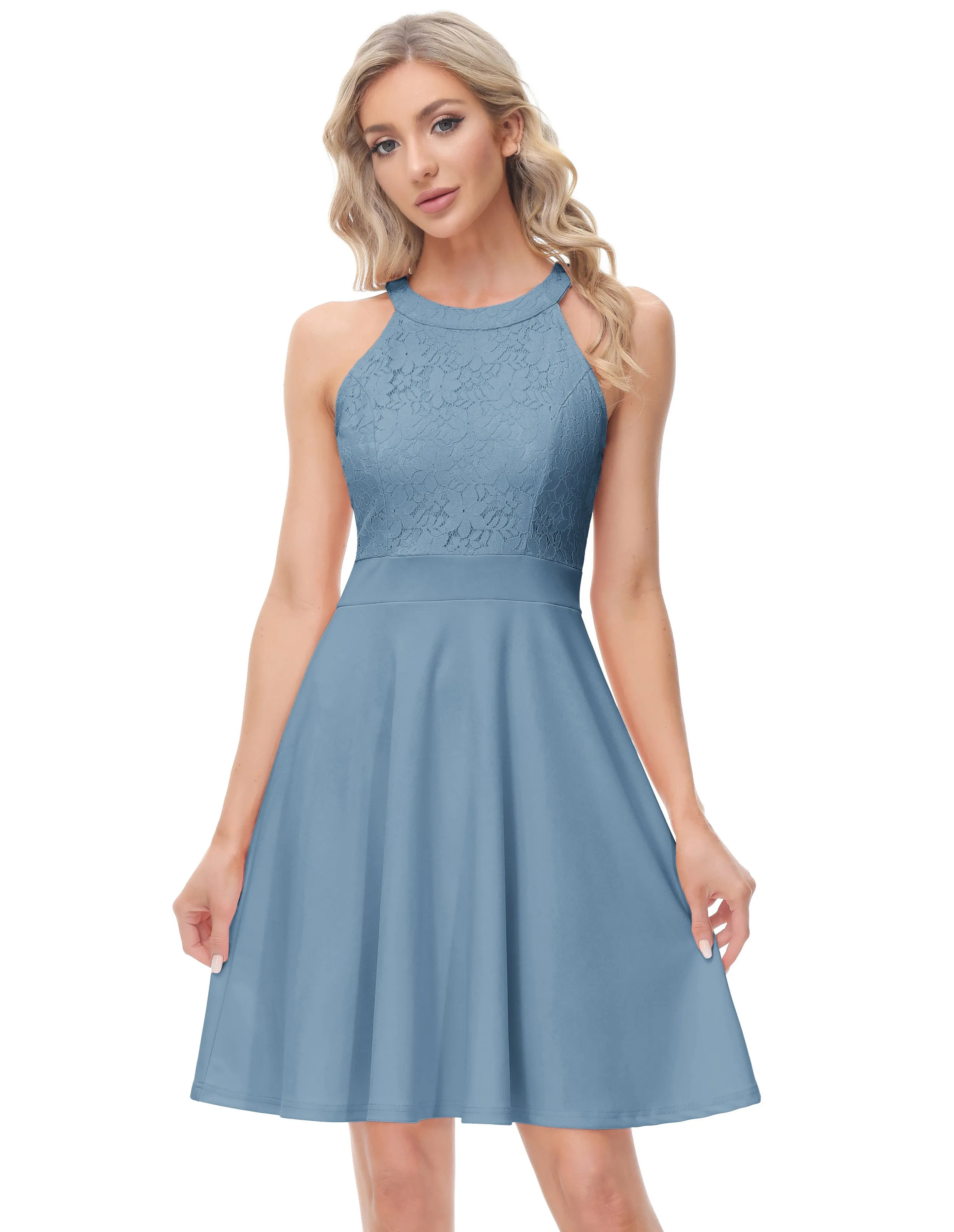 Lace Overlay Dress Cut-out Shoulder Crew Neck Defined Waist Dress