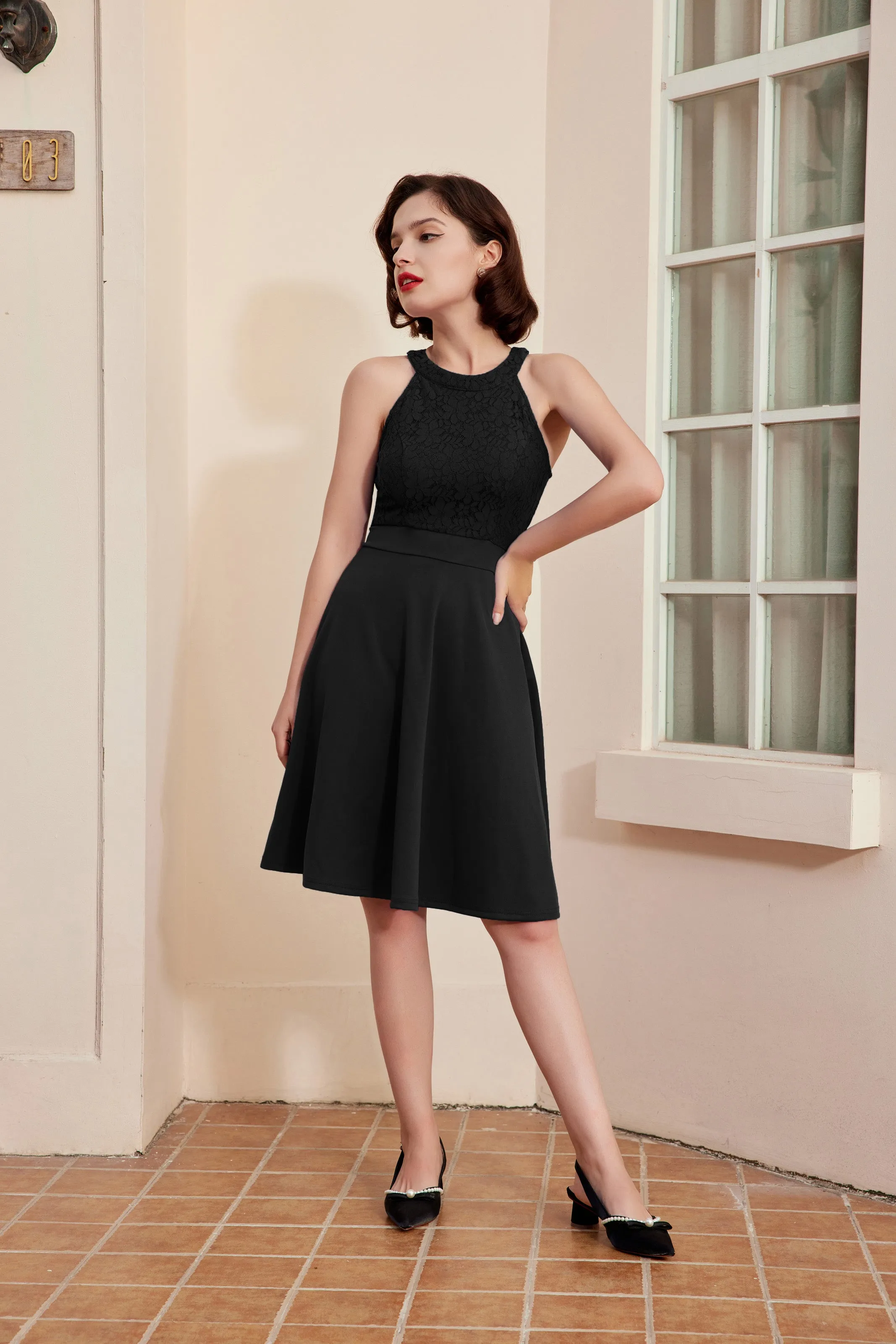 Lace Overlay Dress Cut-out Shoulder Crew Neck Defined Waist Dress