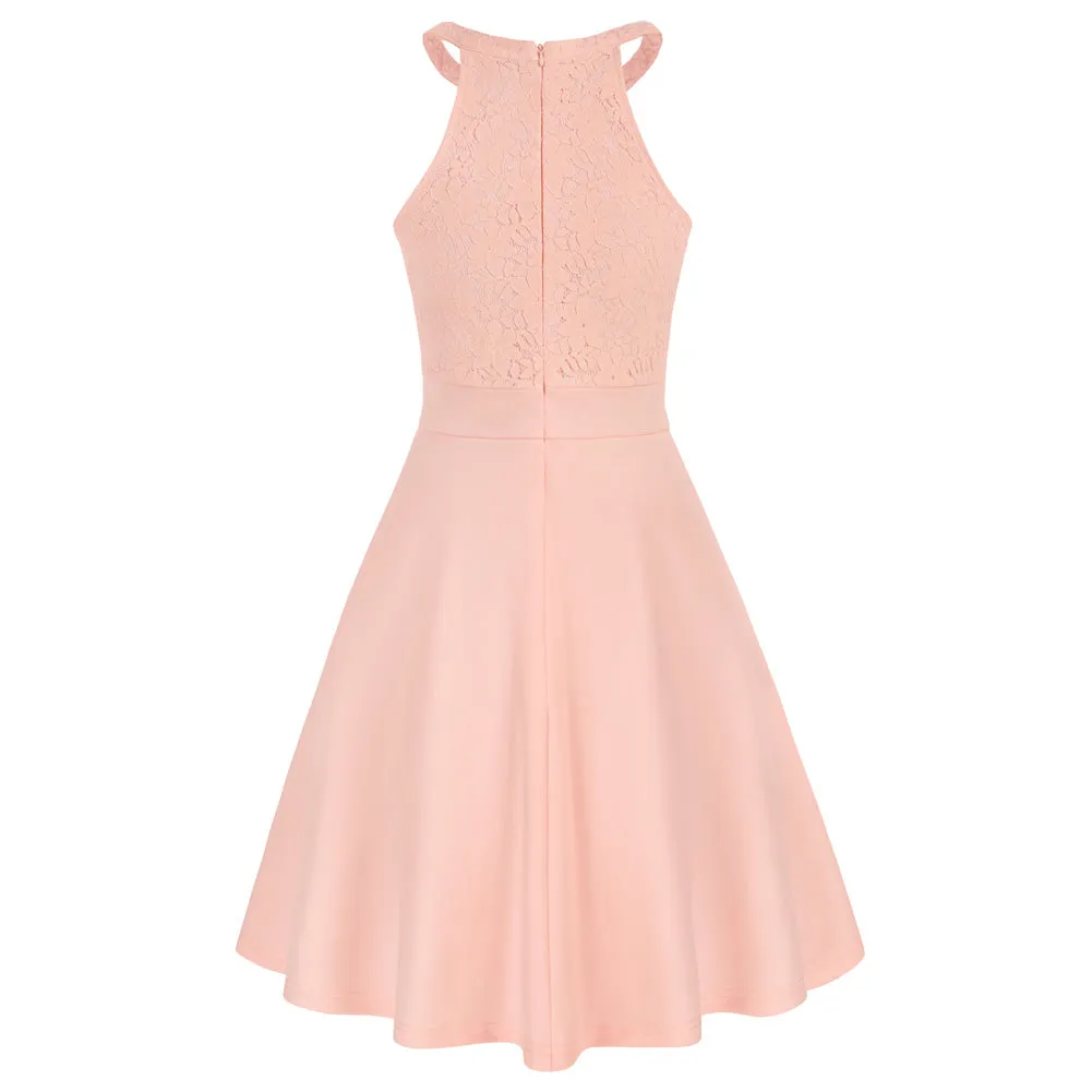 Lace Overlay Dress Cut-out Shoulder Crew Neck Defined Waist Dress