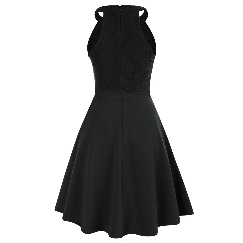 Lace Overlay Dress Cut-out Shoulder Crew Neck Defined Waist Dress