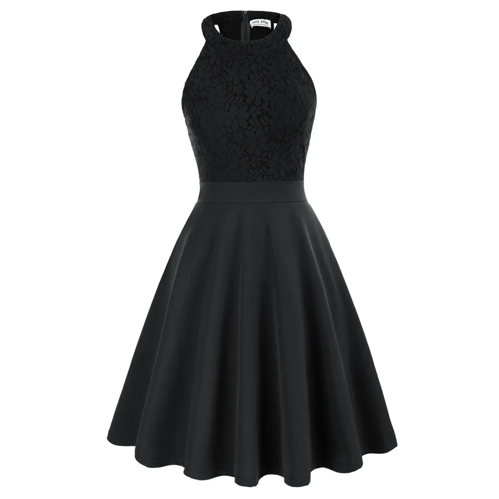 Lace Overlay Dress Cut-out Shoulder Crew Neck Defined Waist Dress