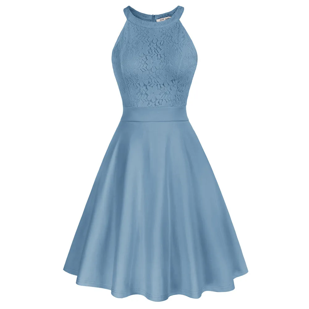 Lace Overlay Dress Cut-out Shoulder Crew Neck Defined Waist Dress