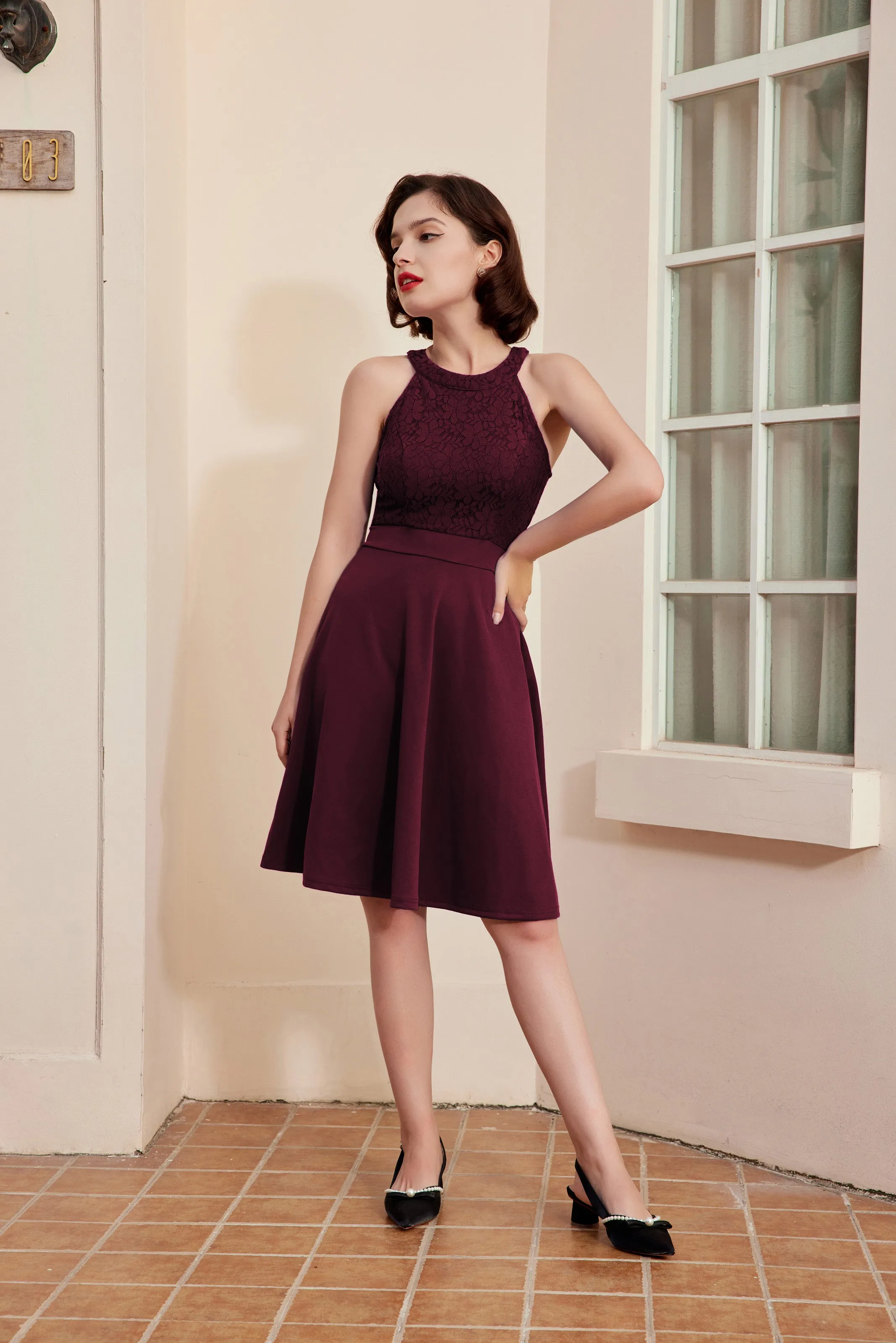 Lace Overlay Dress Cut-out Shoulder Crew Neck Defined Waist Dress