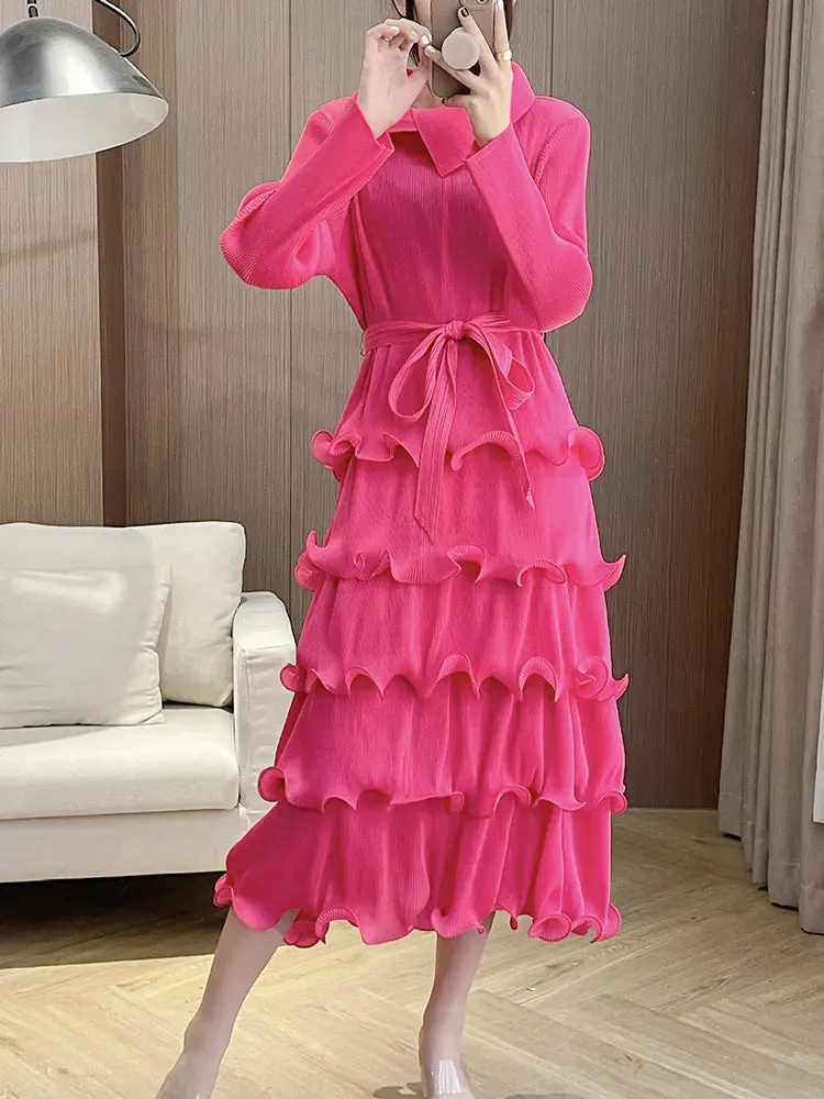 LANMREM Ruffles Pleated Dress For Women Lapel Long Sleeves Solid Color Elegant Dresses With Belt Female New Design 32A306