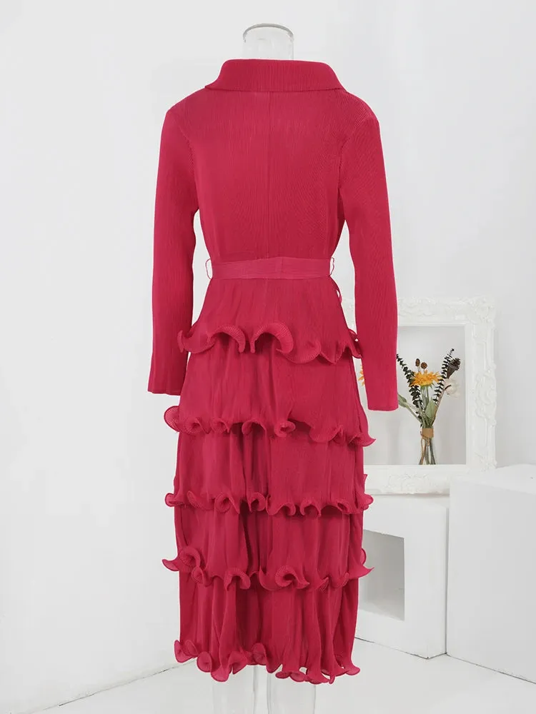 LANMREM Ruffles Pleated Dress For Women Lapel Long Sleeves Solid Color Elegant Dresses With Belt Female New Design 32A306