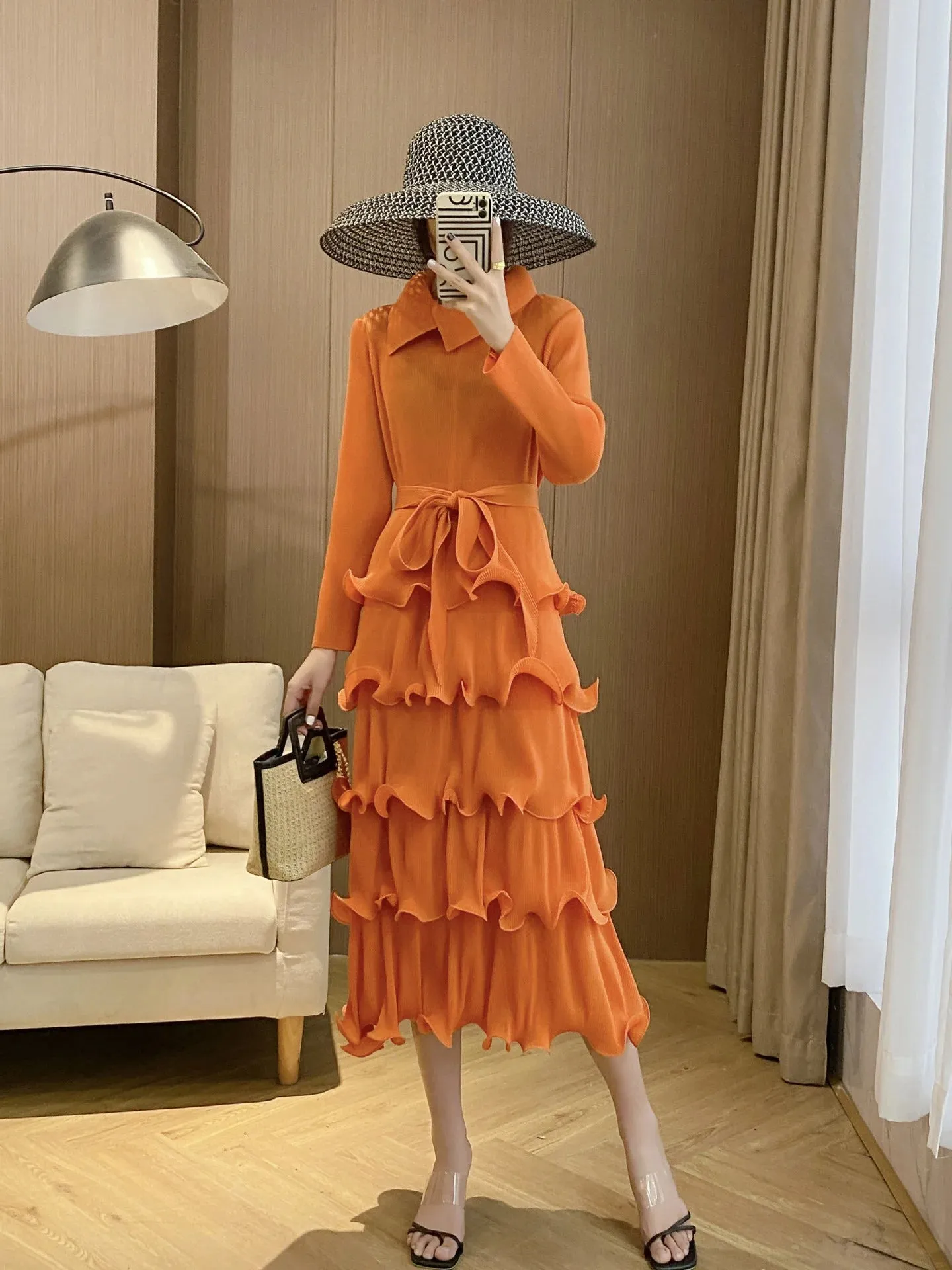 LANMREM Ruffles Pleated Dress For Women Lapel Long Sleeves Solid Color Elegant Dresses With Belt Female New Design 32A306