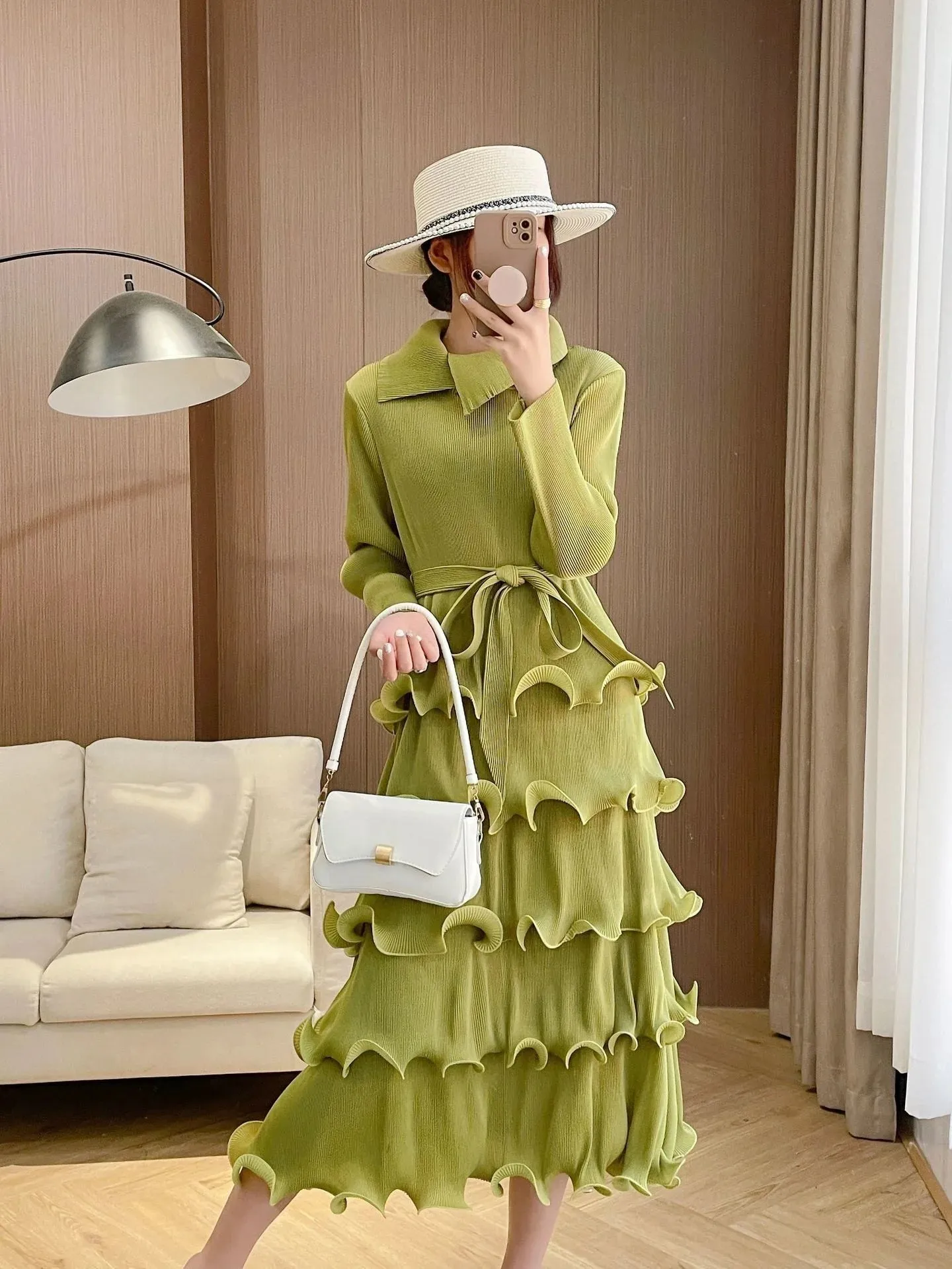 LANMREM Ruffles Pleated Dress For Women Lapel Long Sleeves Solid Color Elegant Dresses With Belt Female New Design 32A306