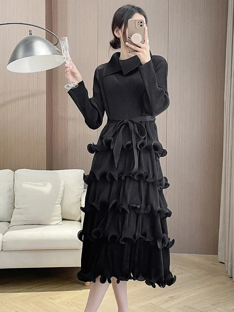 LANMREM Ruffles Pleated Dress For Women Lapel Long Sleeves Solid Color Elegant Dresses With Belt Female New Design 32A306