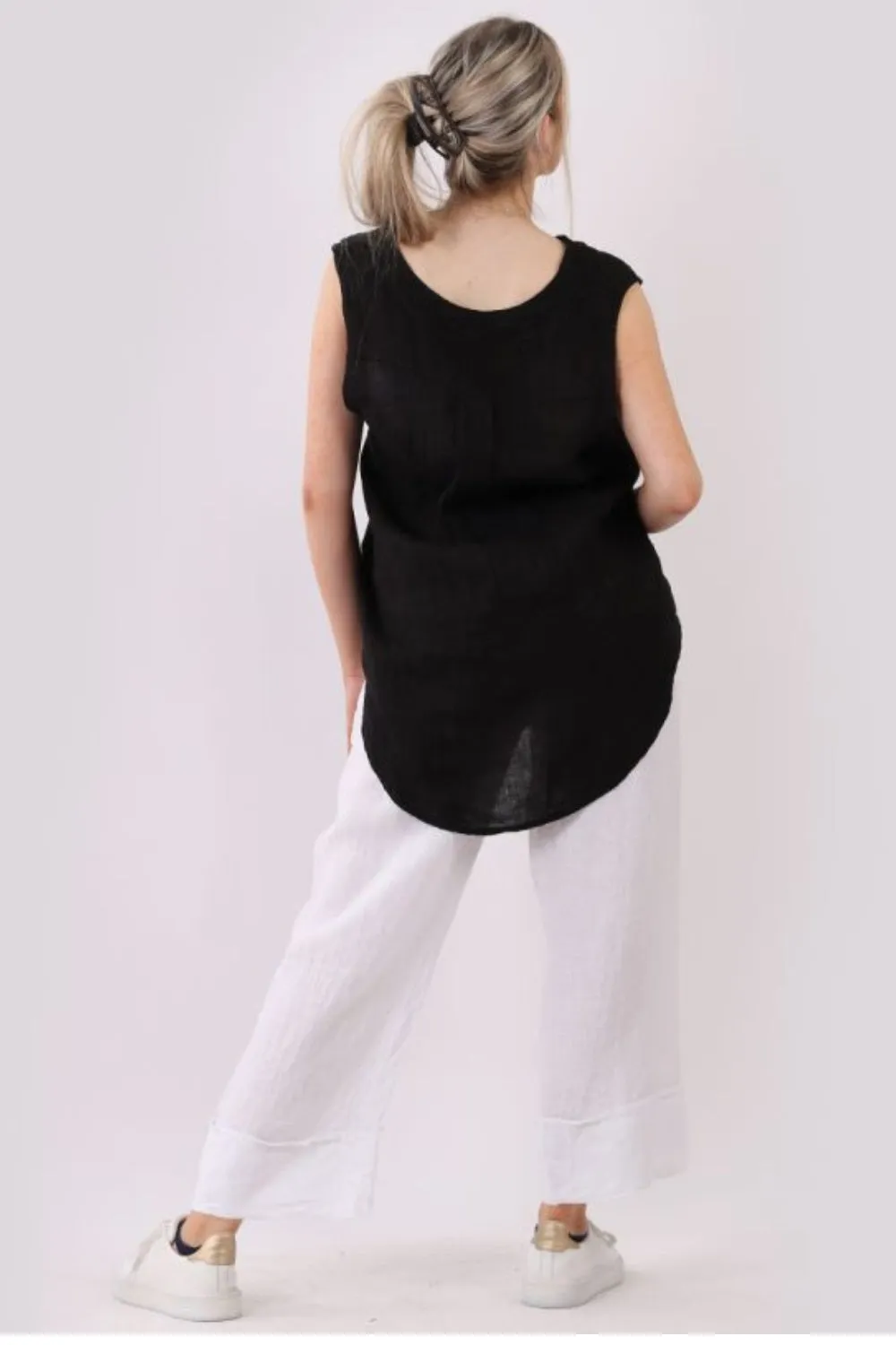 Linen Sleeveless Long Top - Black