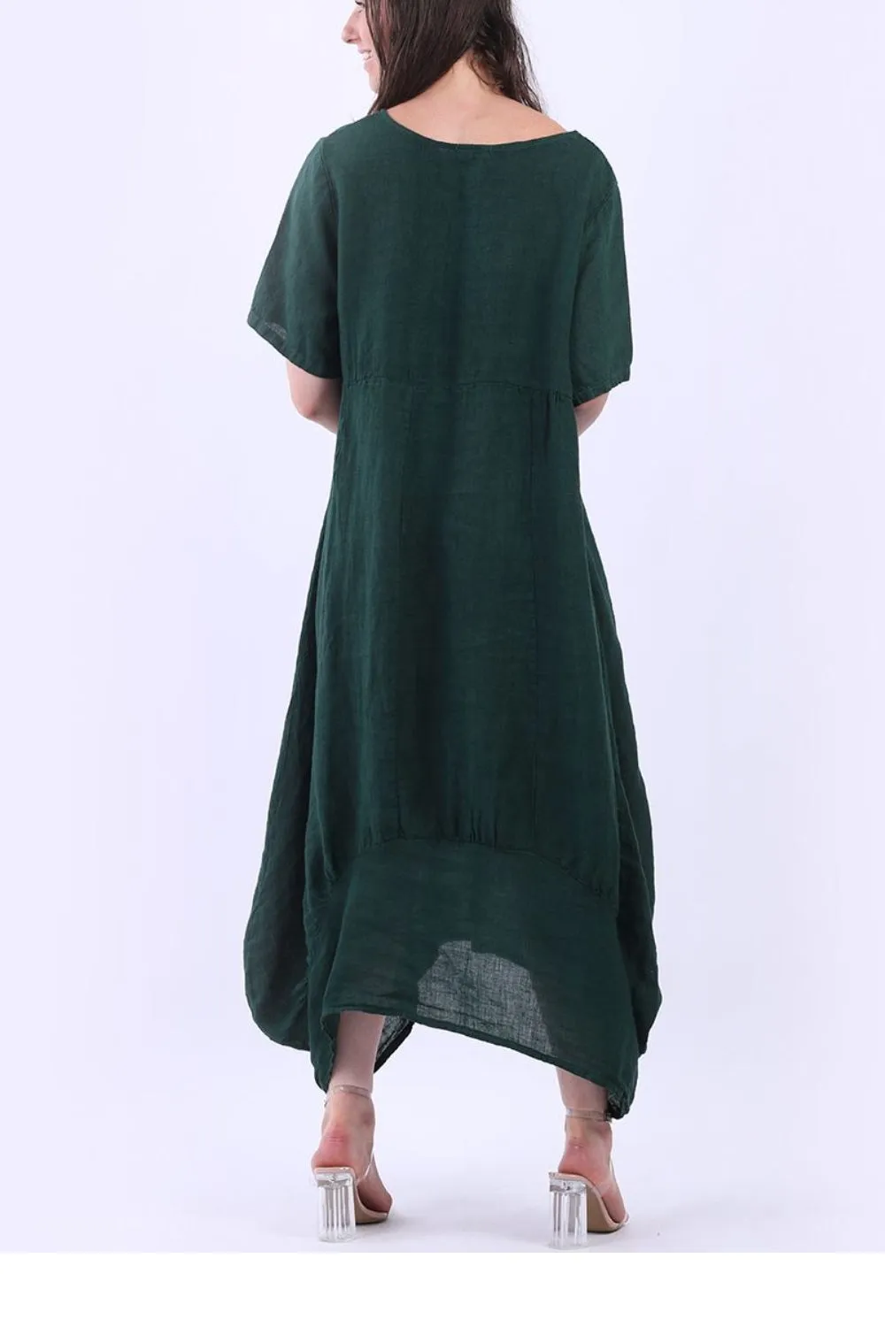 Linen Square Neck Dress - Green