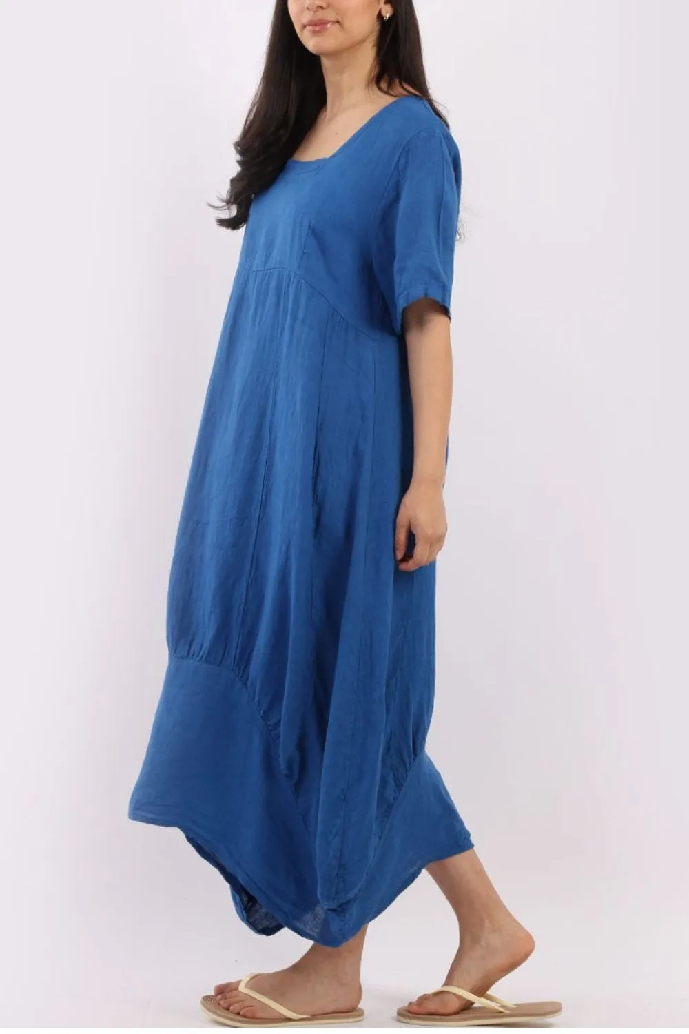 Linen Square Neck Dress - Royal