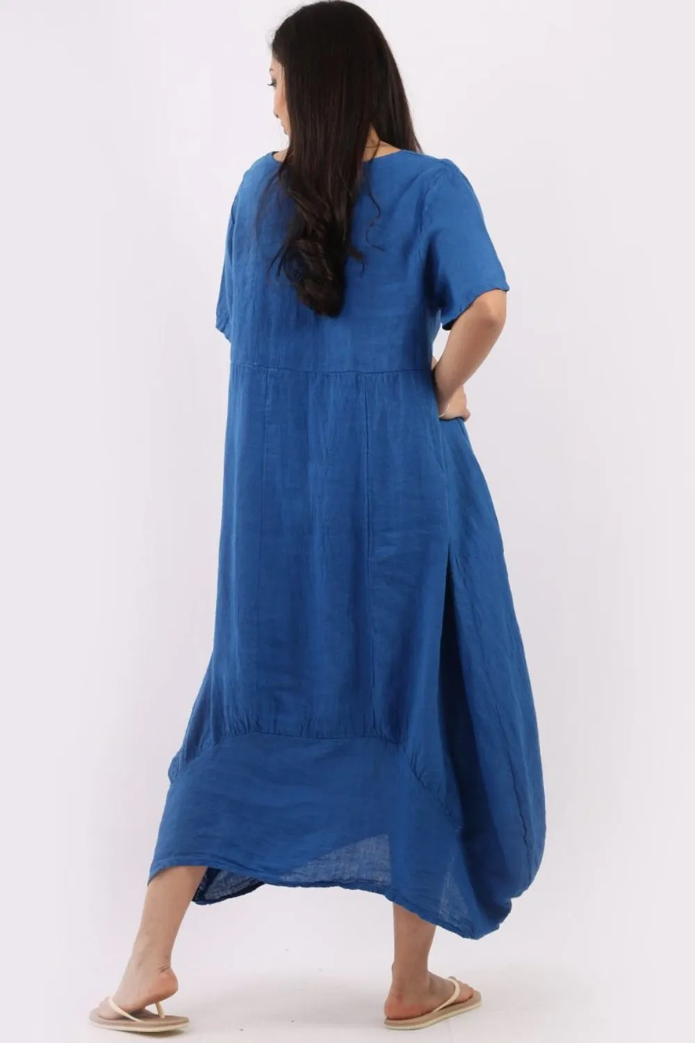 Linen Square Neck Dress - Royal