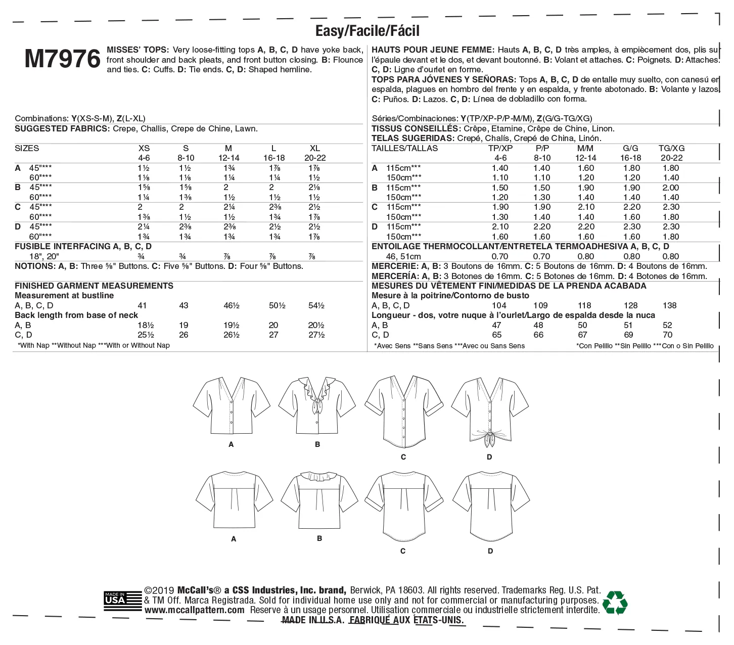 M7976 Misses' Tops