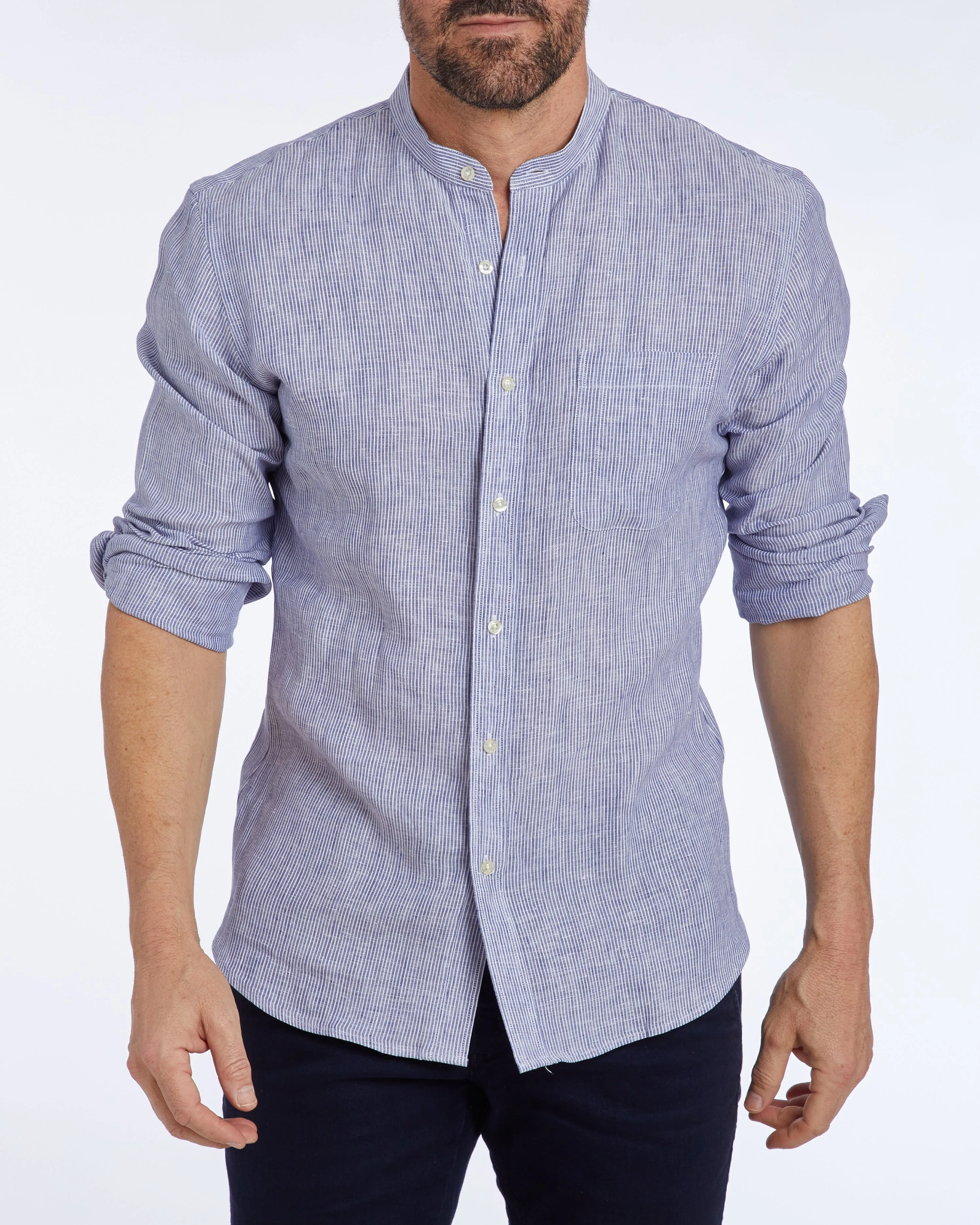 Mandarin Collar Striped Linen- Limited Edition