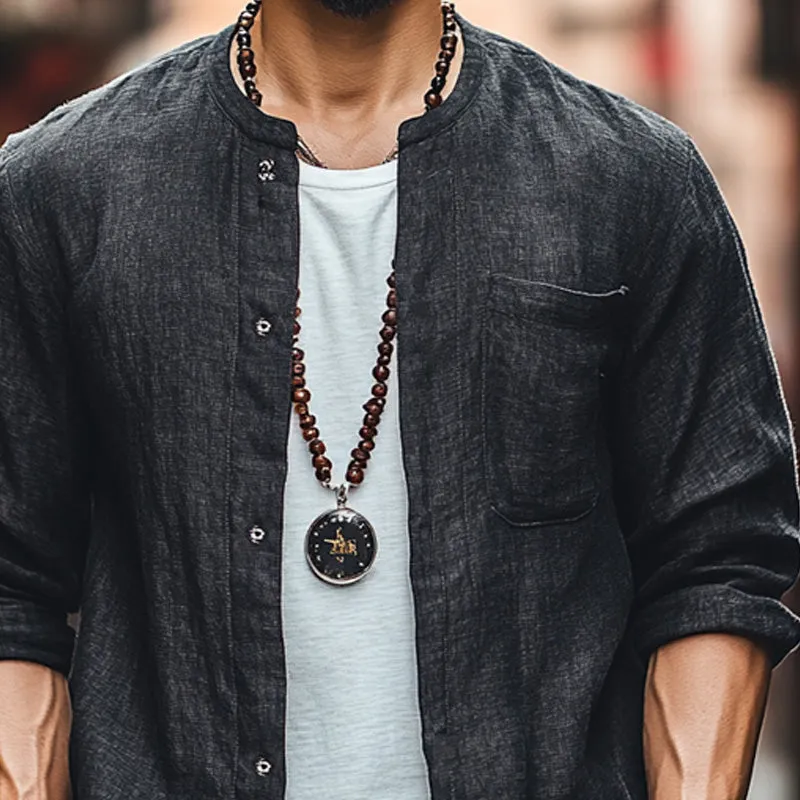 Men's Black Casual Round Neck Cotton and Linen Long-sleeved Shirt 11023917U