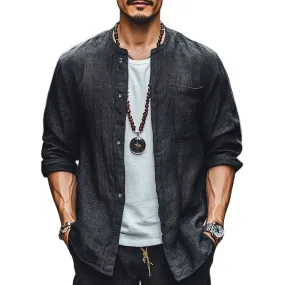 Men's Black Casual Round Neck Cotton and Linen Long-sleeved Shirt 11023917U