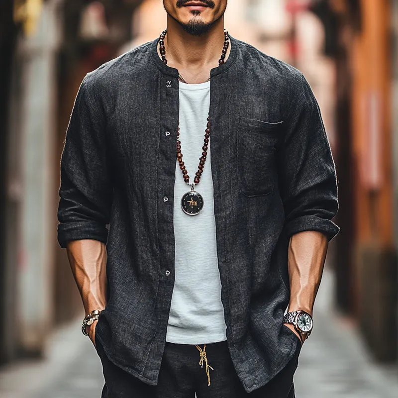 Men's Black Casual Round Neck Cotton and Linen Long-sleeved Shirt 11023917U