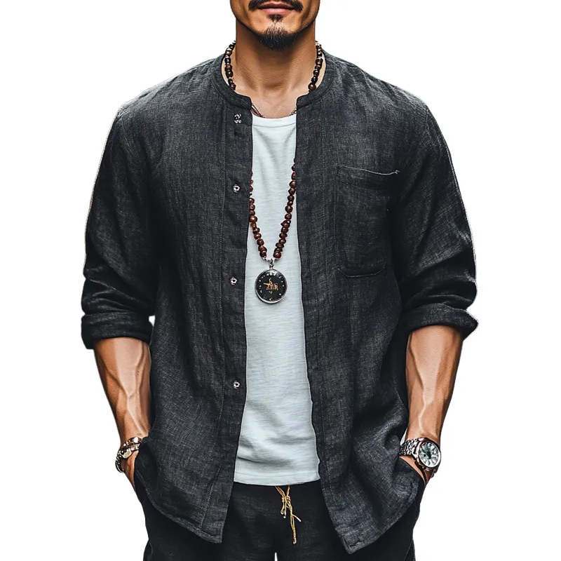 Men's Black Casual Round Neck Cotton and Linen Long-sleeved Shirt 11023917U