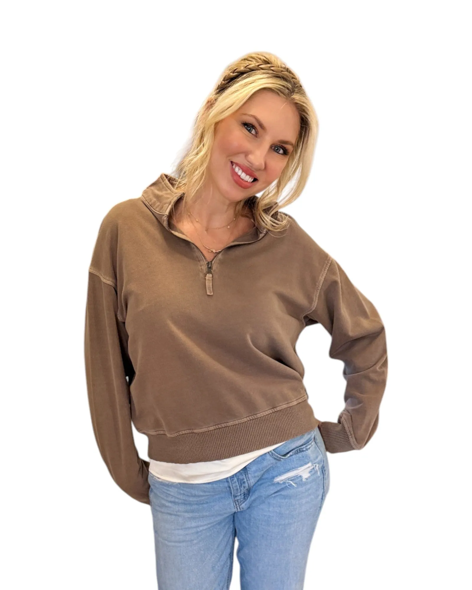 Mocha French Terry 100% Cotton Half Zip Sweatshirt